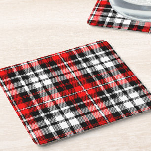 Red Black White Plaid Tartan Pattern Design  Square Paper Coaster