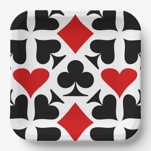 Red, Black & White Playing Card Symbols Pattern Paper Plate (Front)