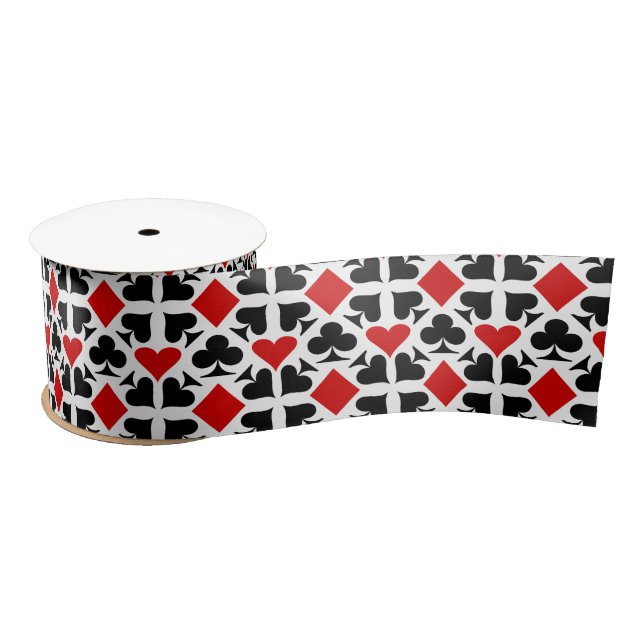 Red, Black & White Playing Card Symbols Pattern Satin Ribbon (Spool)