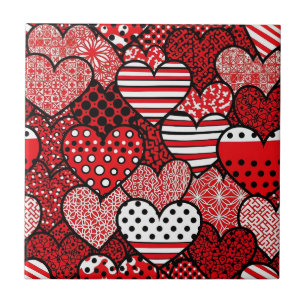 Red Black White Polka Dot Heart Valentine Tile