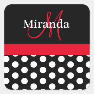 Red Black White Polka Dot Monogram Square Sticker