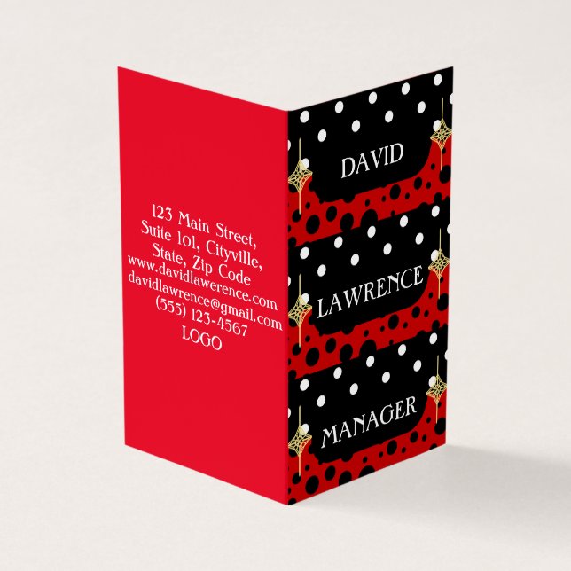 RED BLACK WHITE POLKA DOTS MODERN TRENDY MANAGER BUSINESS CARD (Outside)