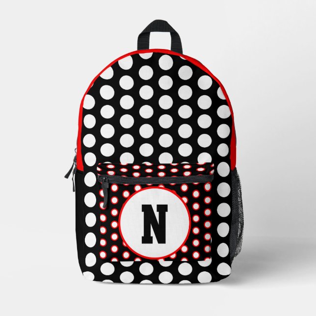 Red Black White Polka Dots Monogram Printed Backpack (Front)