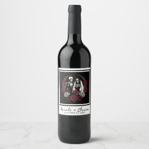 Red & Black White Roses Skeleton Couple Wedding Wine Label