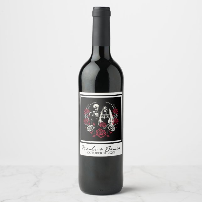 Red & Black White Roses Skeleton Couple Wedding  Wine Label (Front)