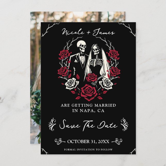 Red & Black White Roses Skeleton Save the Date Invitation (Front/Back)