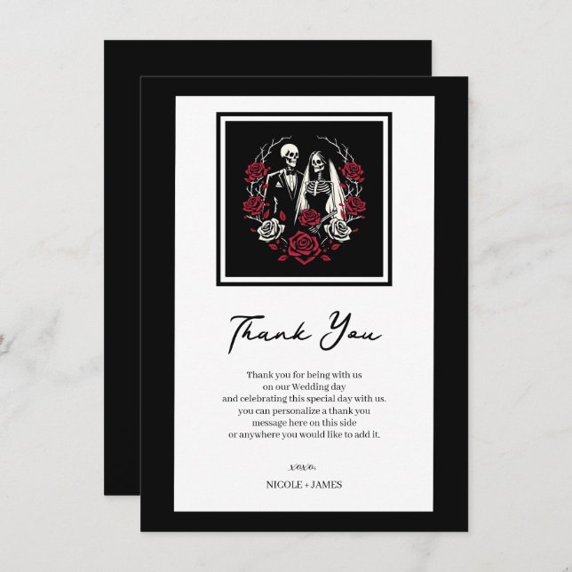 Red & Black White Roses Skeleton Wedding Thank You Invitation (Front/Back)