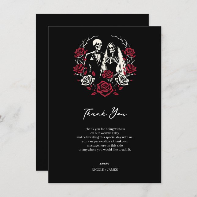 Red & Black White Roses Skeleton Wedding Thank You Invitation (Front/Back)