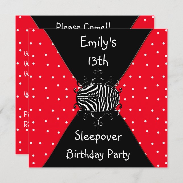 Red Black White Spots 13th Birthday Sleepover Invitation (Front/Back)