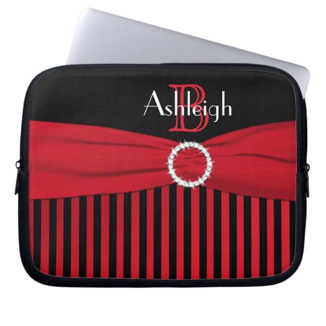 Red, Black, White Stripe FAUX Ribbon Laptop Sleeve (Front)