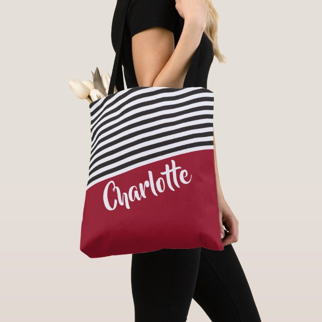 Red Black White Striped Pattern Personalised Name Tote Bag (Close Up)