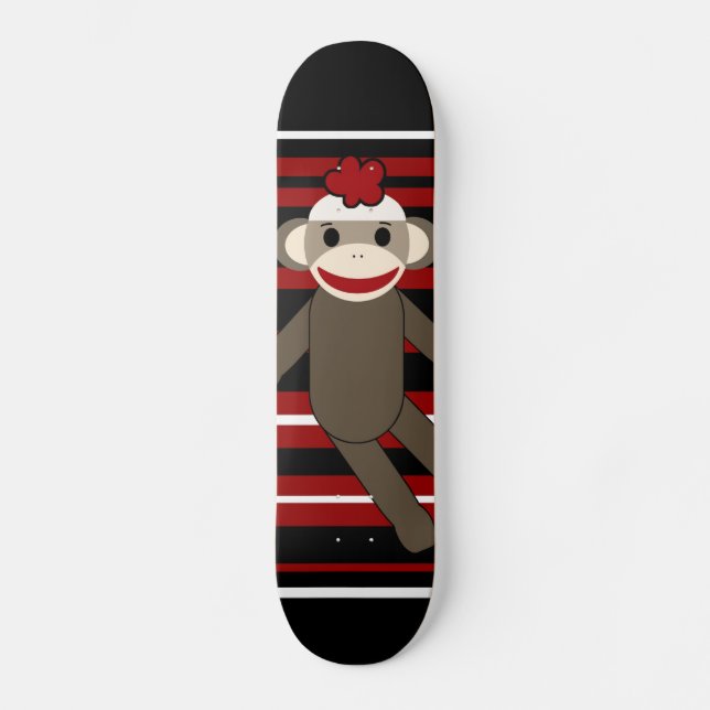 Red Black White Striped Sock Monkey Girl Sitting Skateboard (Front)