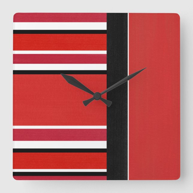 Red Black White Stripes Block Square Wall Clock (Front)