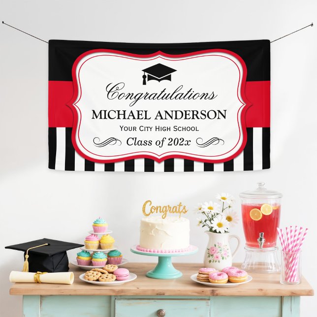 Red Black White Stripes Graduation Party Banner (Creator Uploaded)
