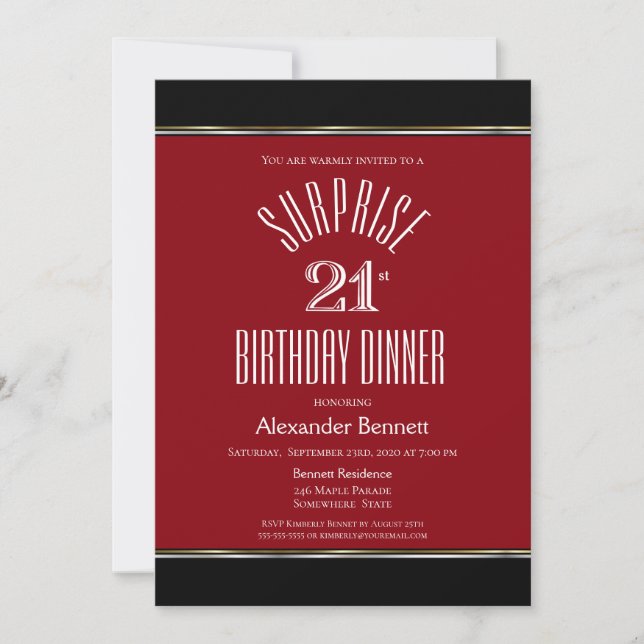 Red Black White Surprise 21st Birthday Dinner Invitation (Front)