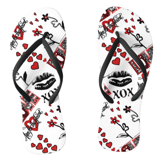 Red Black White Valentine Motif Flip Flops (Footbed)