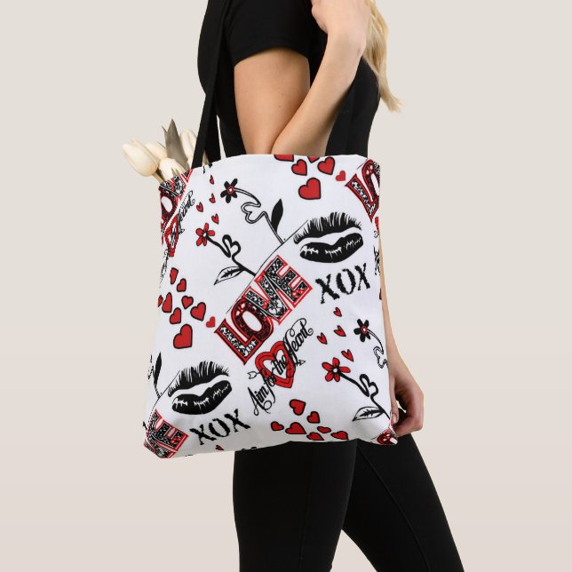 Red Black White Valentine Motif Tote Bag (Close Up)