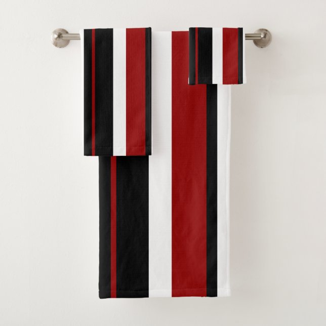 Red Black White Vertical Stripes Bath Towel Set (Insitu)