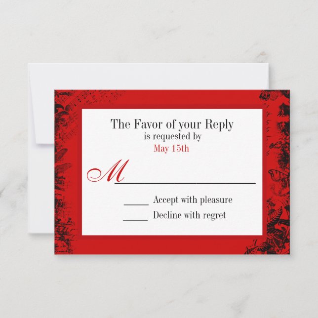 Red Black White Vintage Print Wedding RSVP Card (Front)