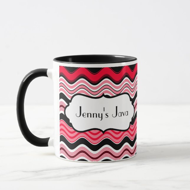 Red, Black, White Wavy Stripes Personalised Mug (Left)