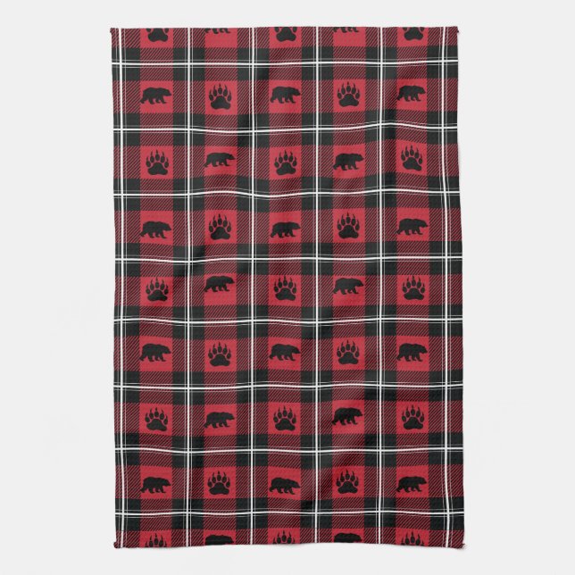 Red Black & White Wild Bear and Paw Flannel Plaid Tea Towel (Vertical)