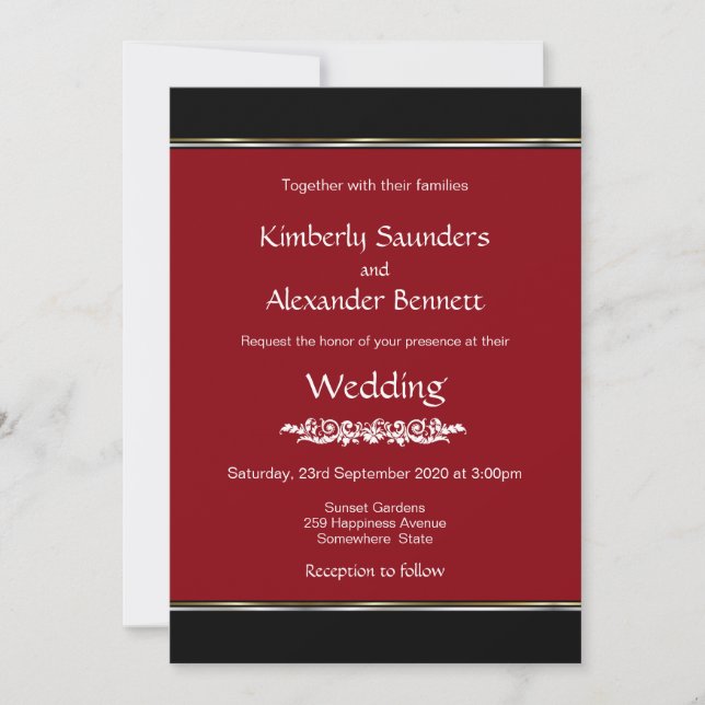 Red Black White with Gold Silver Stripe Wedding Invitation (Front)
