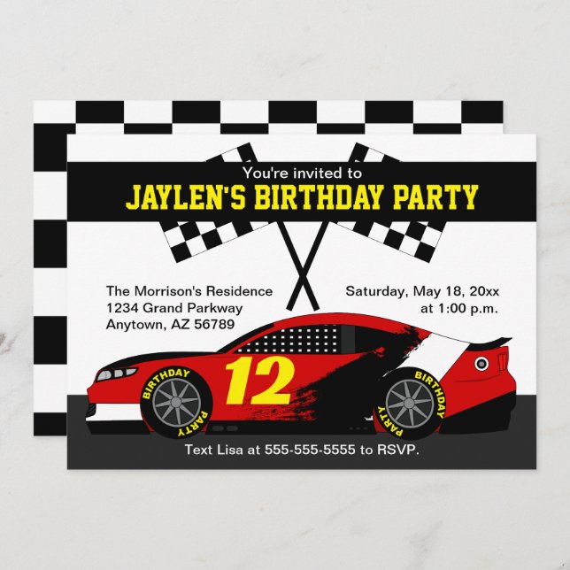 Red Black White Yellow Race Car Birthday Party Card (Front/Back)