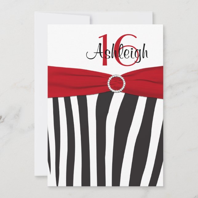 Red, Black, White Zebra 16th Birthday Invitation (Front)