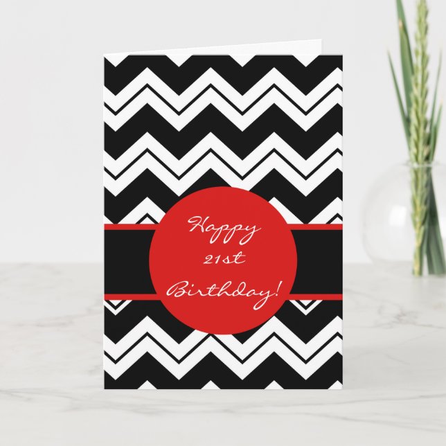 Red Black & White Zizzag Chevron 21st Birthday Card (Front)
