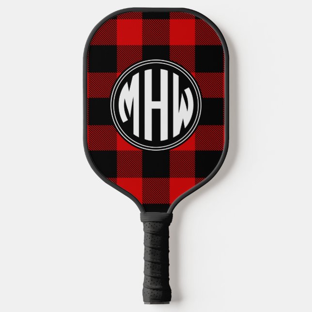 Red Black Wt Circle Monogram Buffalo Plaid DIY BG2 Pickleball Paddle (Front)