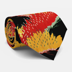 RED BLACK YELLOW ABSTRACT JAPANESE FLORAL TIE
