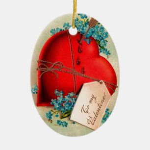 Red Bleeding Heart Valentine Antique Postcard Ceramic Tree Decoration