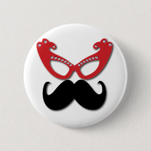 red bling glasses with moustache 6 cm round badge