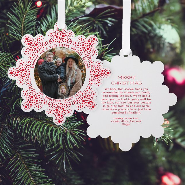 Red Blizzard Dots Snowy Photo Holiday Christmas Tree Decoration Card (Creator Uploaded)
