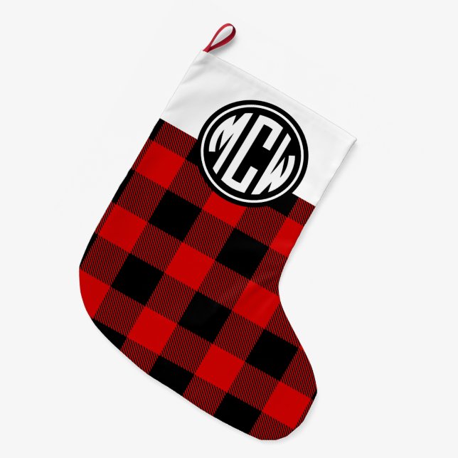 Red Blk Buffalo Check Circle Monogram Font DIY BG Large Christmas Stocking (Front (Hanging))