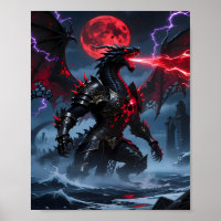 Red Blood Moon Armoured Black Dragon Fantasy