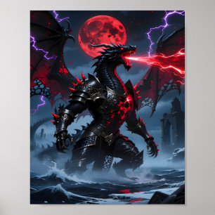 Red Blood Moon Armoured Black Dragon Fantasy Poster