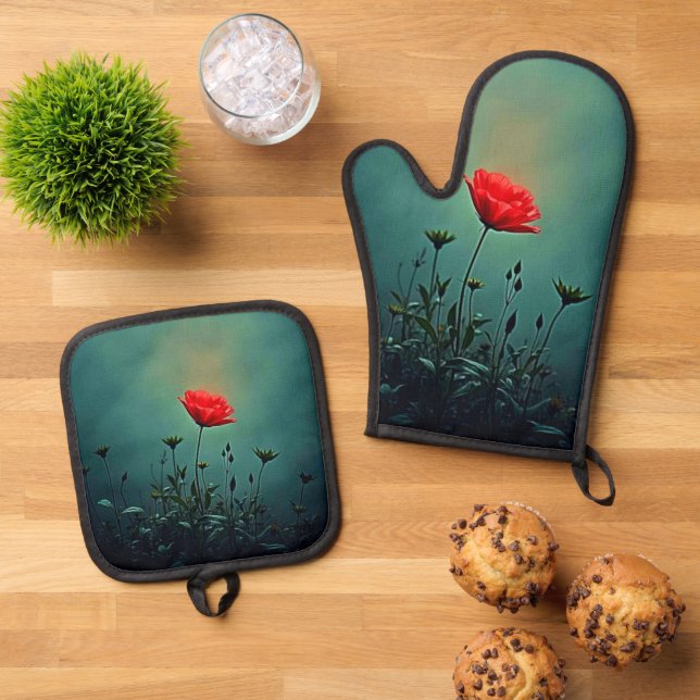 Red Bloom in the Dark Mist Design Oven Mitt & Pot Holder Set (Top Down)