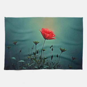 Red Bloom in the Dark Mist Design Tea Towel
