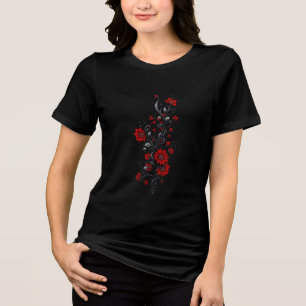 Red Bloom & Silver Vines – Elegant Floral Art on B Tri-Blend Shirt