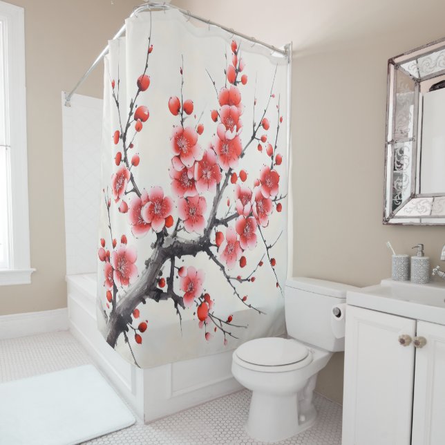 Red Blooming Flowers Shower Curtain (In Situ)