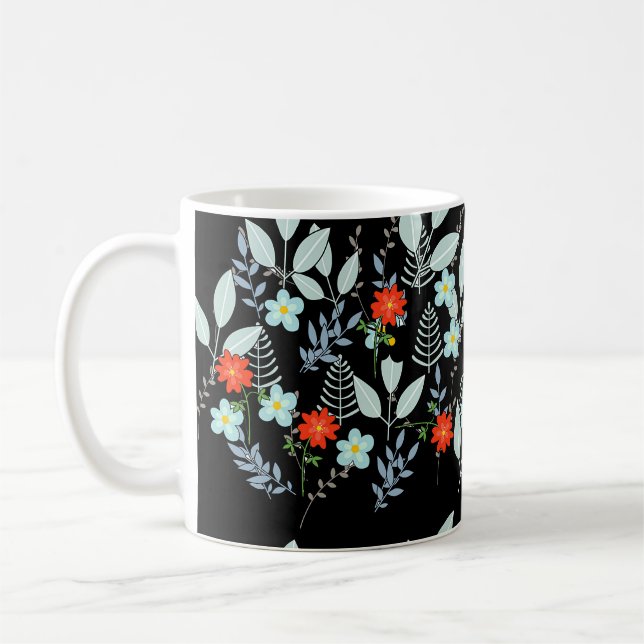 Red Blossom + Leaves Black Coffee Mug (Left)