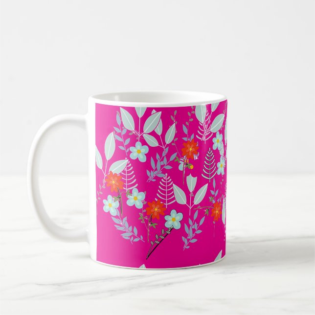 Red Blossom + Leaves Hot Pink Coffee Mug (Left)