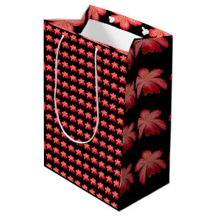 Red Blossom Watercolor Floral Pattern on Black Medium Gift Bag