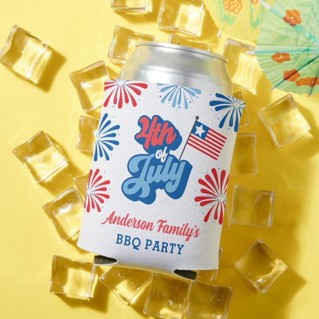 Red & Blue 4th of July Fireworks Retro BBQ Party Can Cooler (In Situ Summer)