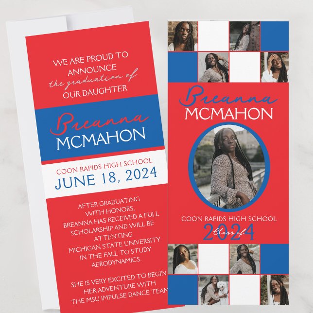 Red & Blue 9 Photo Graduation Announcement (Red White and Blue 9 Photo Elegant Formal Graduation Announcements)