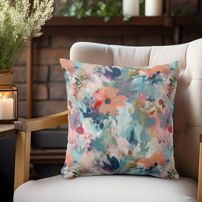Red Blue Abstract Painting Floral Pattern Cushion (Creator Uploaded)