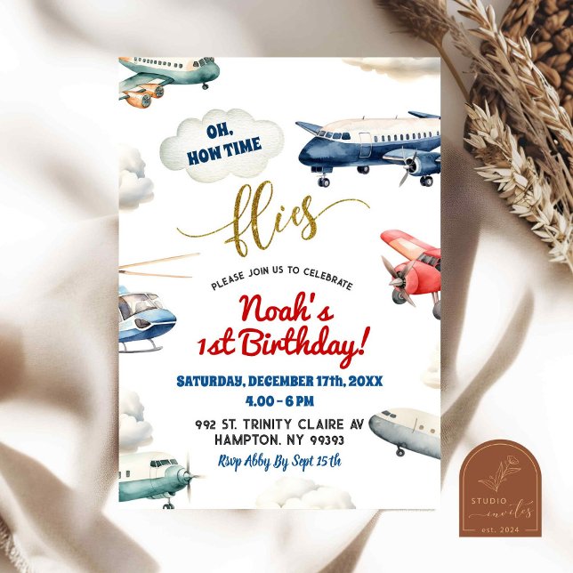 Red Blue Aeroplane First Birthday Boy Invitation (Creator Uploaded)