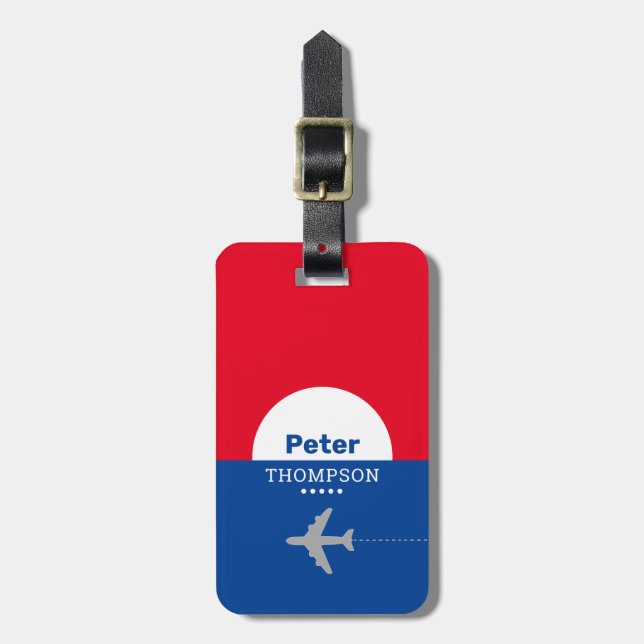 red blue aeroplane luggage tag with name (Front Vertical)