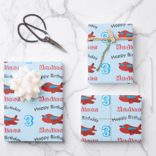 Red & Blue Aeroplane Pattern Birthday Name & Age Wrapping Paper Sheet
